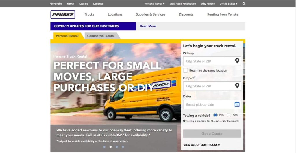 Penske Truck Rental's Homepage